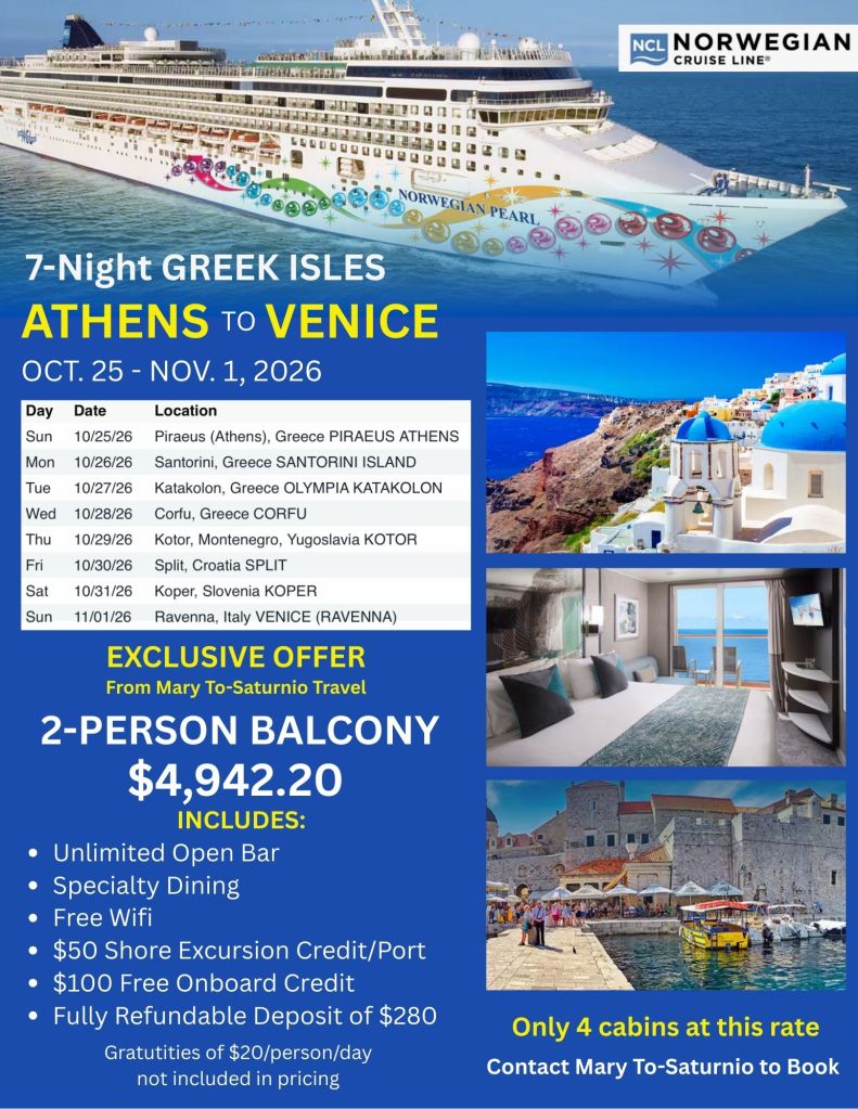 Oct. 25-Nov. 1, 2026 7-Night Greek Isles Norwegian Cruise from Athens to Venice - Exclusive Offer Ocean View Balcony cabins—only 4—are available at an exclusive rate of $4,942.20 for two guests.